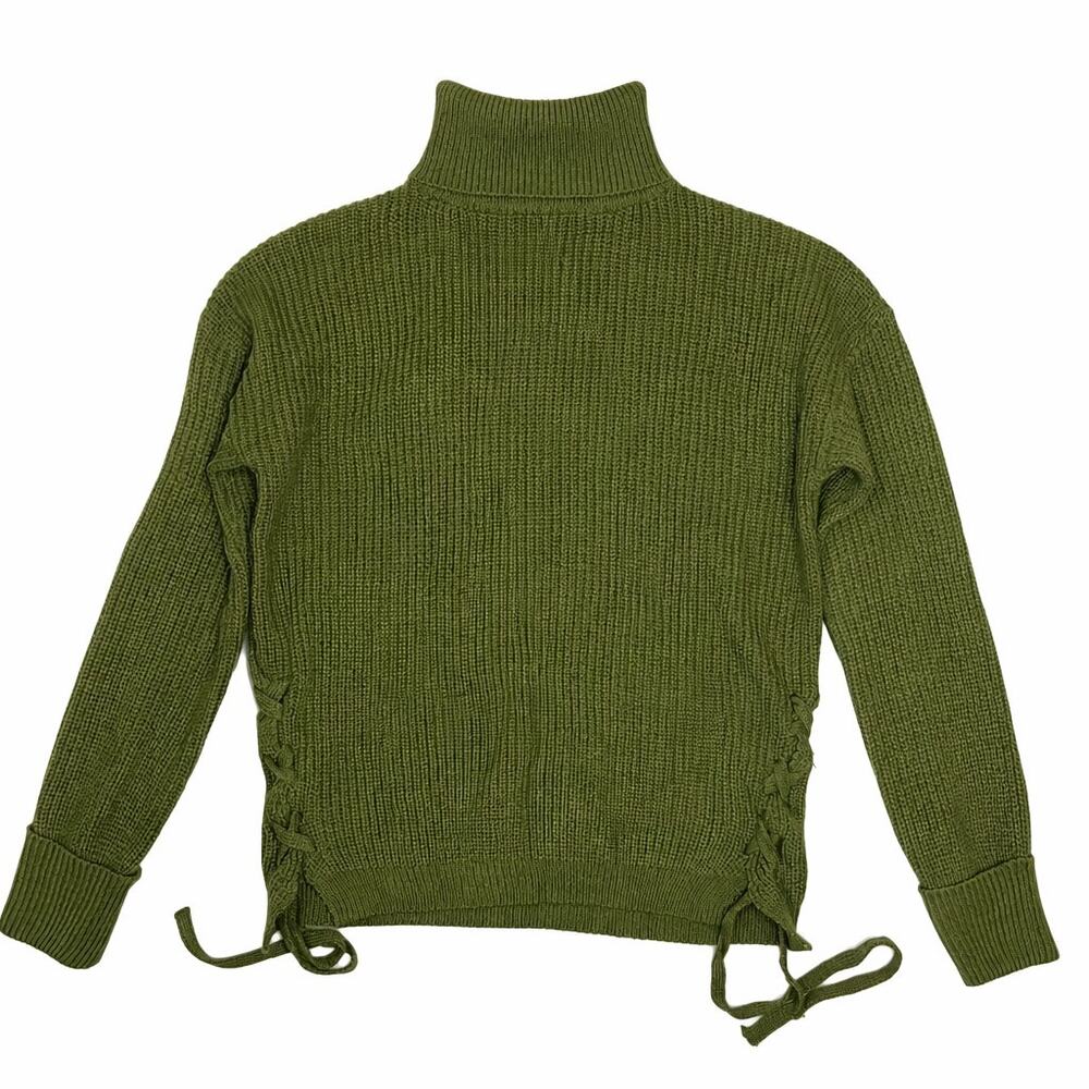 Lace Up Knit Long Sleeve Modern Cottagecore Olive Green Turtleneck Sweater Small
